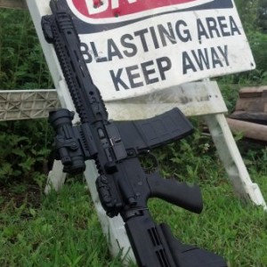 At my favorite shooting spot.
11.5" DD barrel, carbine gas length, pistol buffer with sig tac brace, aimpoint pro, parallax rail, vortex FH, Spikes B