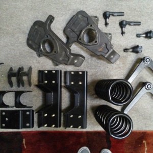 2" spindles
2" drop coils
upper control arms
tie rod end
lower ball joints
rear flip kit
bolt on c-notch
1" drop blocks