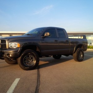2003 Ram 1500, 5.7L Hemi, Front levelling kit, 2" rear lift, Firestone Destination A/T 315/70R17, American Racing ATX81 Teflon Wheels -12 offset with