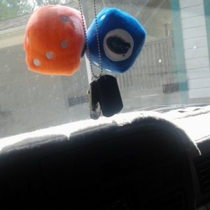 Fuzy dice and dog tags with a cross