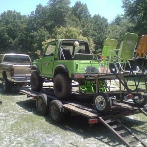 Gold Dust load trying out fit,thats my 3x7 motorcycle trailer there with chairs to give kids a ride at local mud park (pulled it with Honda Foreman-no