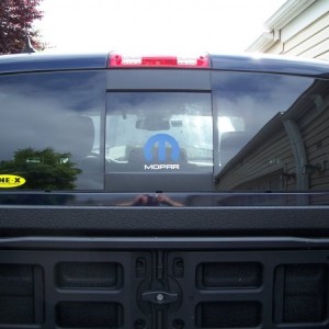 Mopar decal on rear middle window