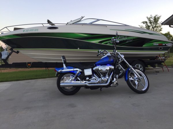 My boat and custom built harley davidson dyna low rider wid glide chopper