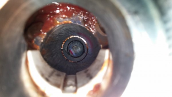Rack & Pinion main tube internal view from the Column side. The white piece at the bottom of the pic is a teflon retainer that slightly pressures the