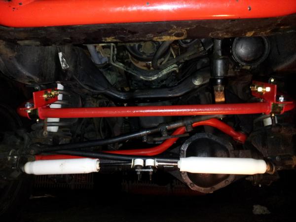 Self made sway bar relocation brackets in red.